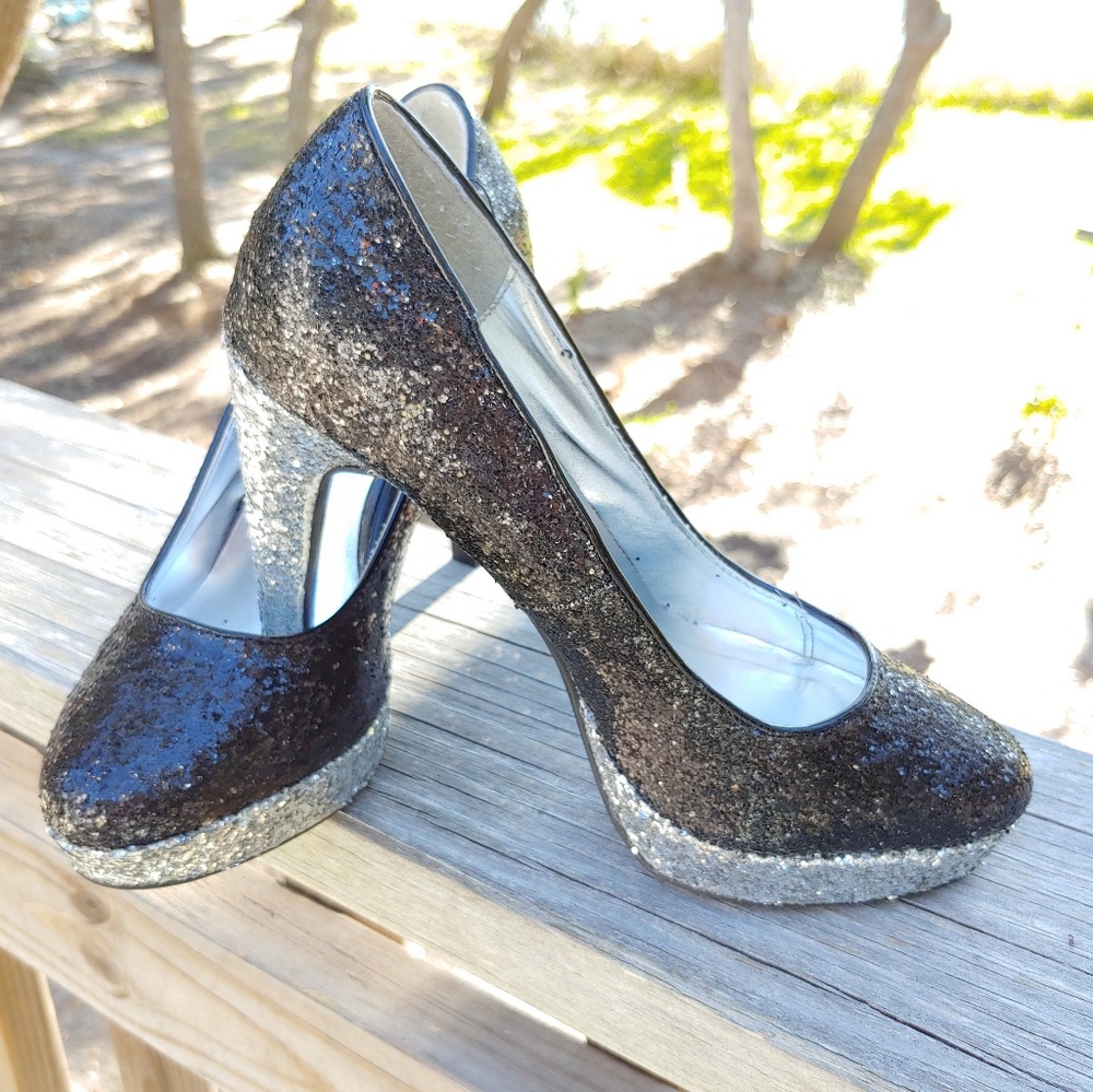 Rampage Tangela black silver glitter 4.25" party heels sz 6